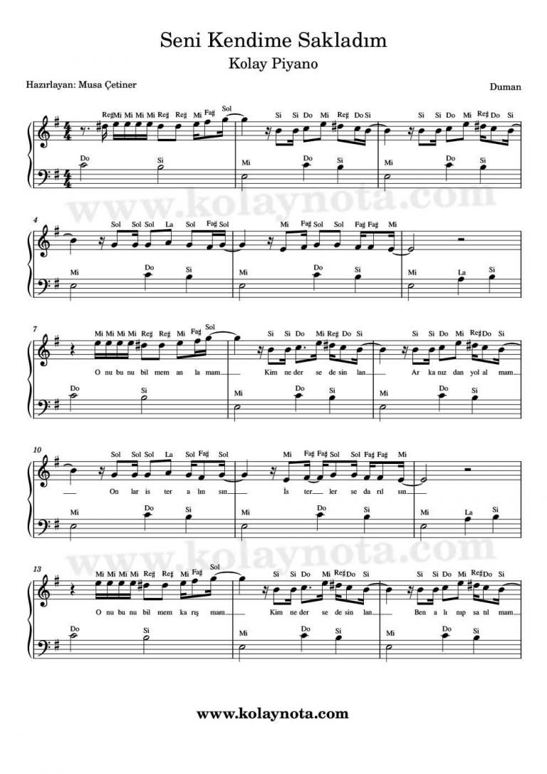 Seni Kendime Sakladım Notaları » Kolaynota.com