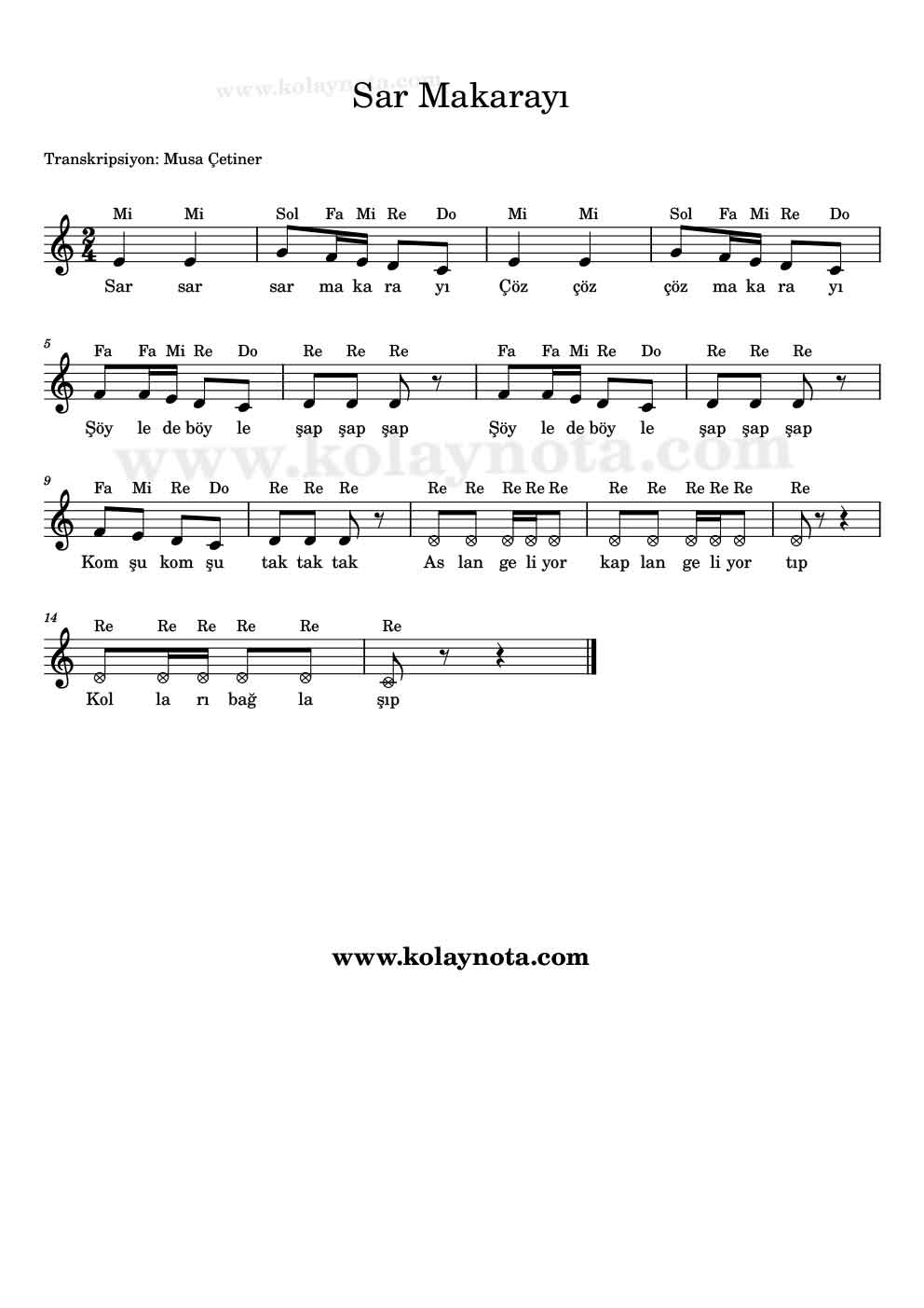 Sar Makarayı - Kolay Notası