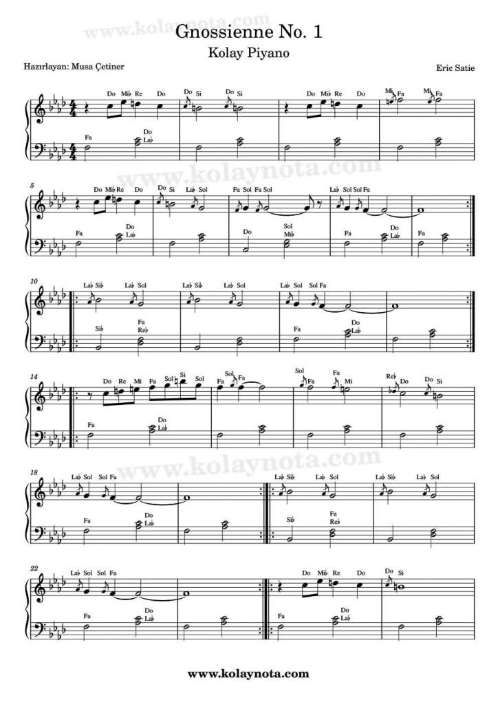 Gnossienne No. 1 - Kolay Piyano Notası