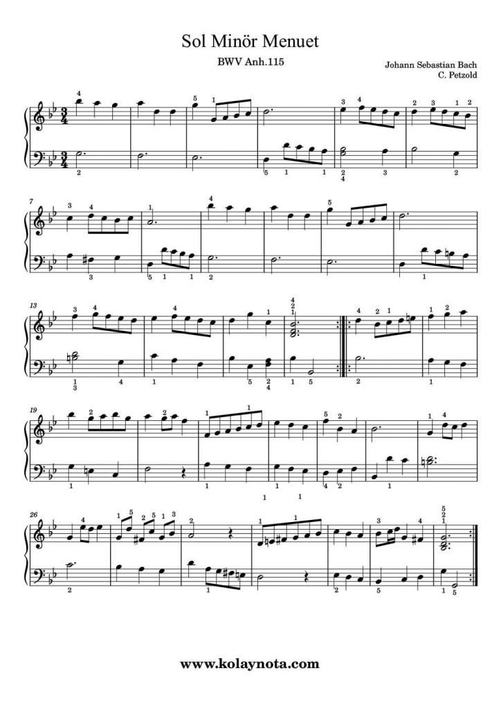 Bach - Sol Minör Menuet - Standart Notasyon