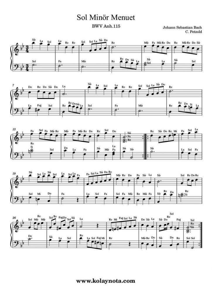 Bach - Sol Minör Menuet - Kolay Notasyon