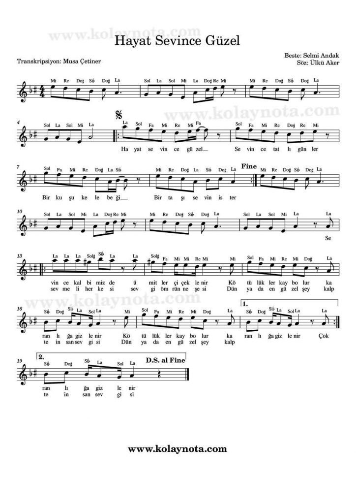 Hayat Sevince Güzel - Kolay Notası