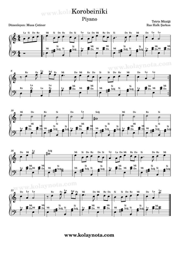 Korobeiniki - Tetris Şarkısı - Piyano Notası