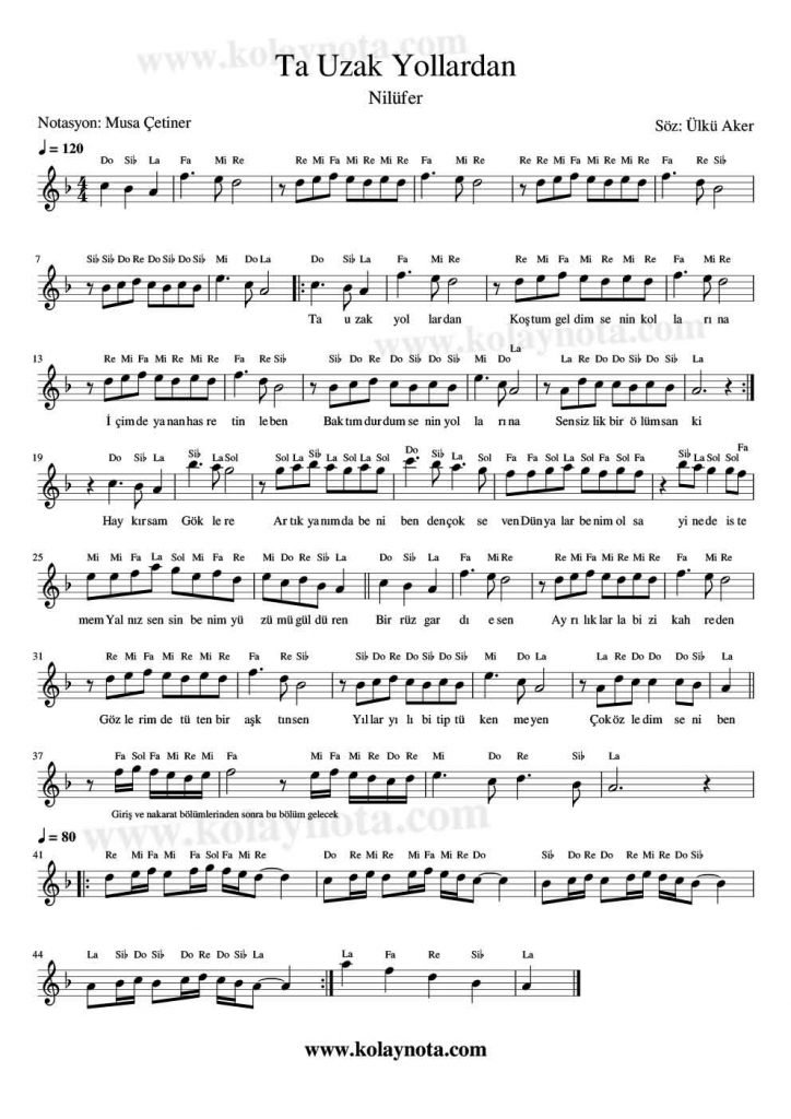 Ta Uzak Yollardan - Kolay Notası