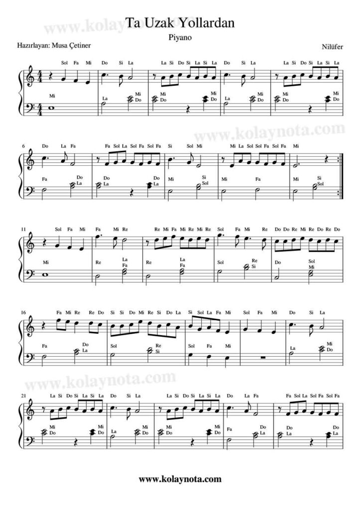 Ta Uzak Yollardan - Piyano Nota