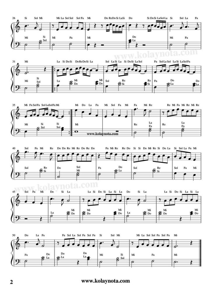 Ta Uzak Yollardan - Piyano Nota - 2