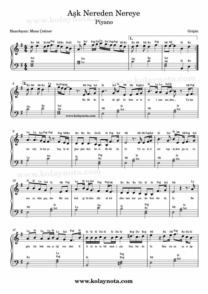 Aşk Nereden Nereye - Piyano Nota