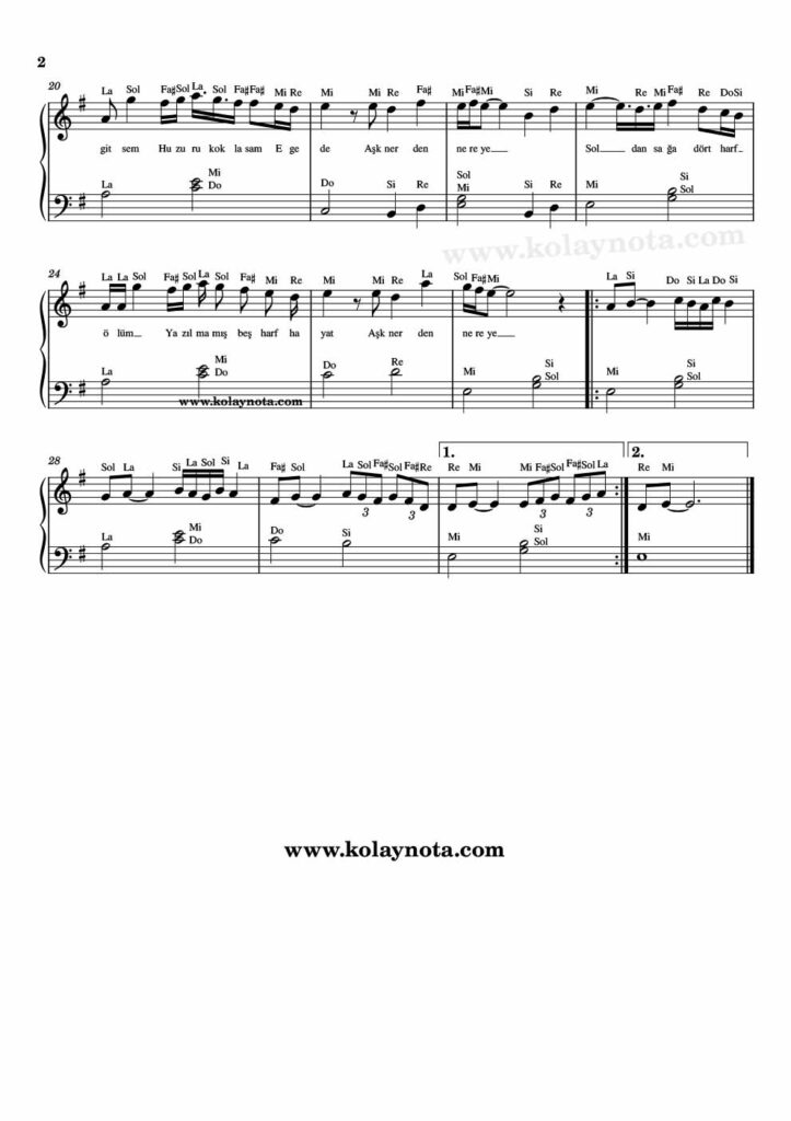 Aşk Nereden Nereye - Piyano Nota - 2