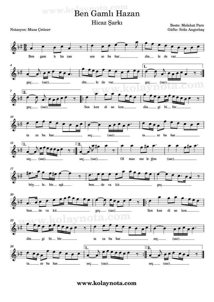 Ben Gamlı Hazan - Standart Notası