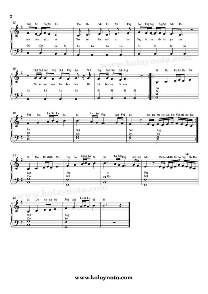 Bi Tek Ben Anlarım - Piyano Notası - 2