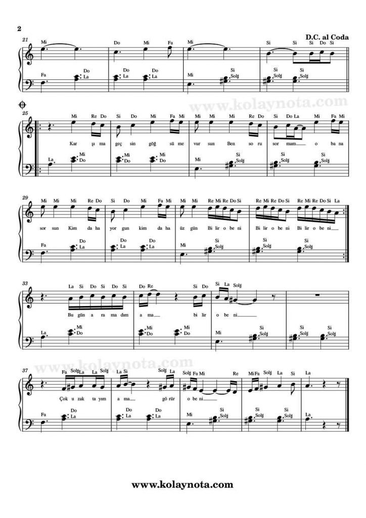 Bilir O Beni - Piyano Notası - 2