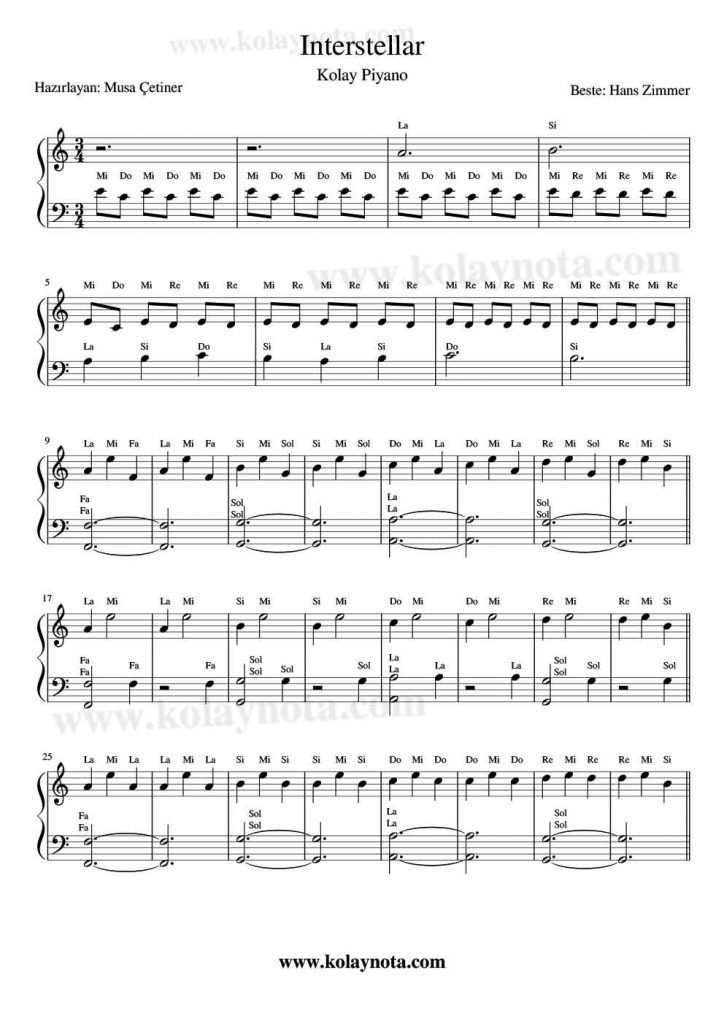 Interstellar - Kolay Piyano Notası