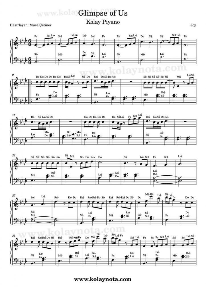 Glimpse of Us - Piyano Notası - Piano Sheet Music