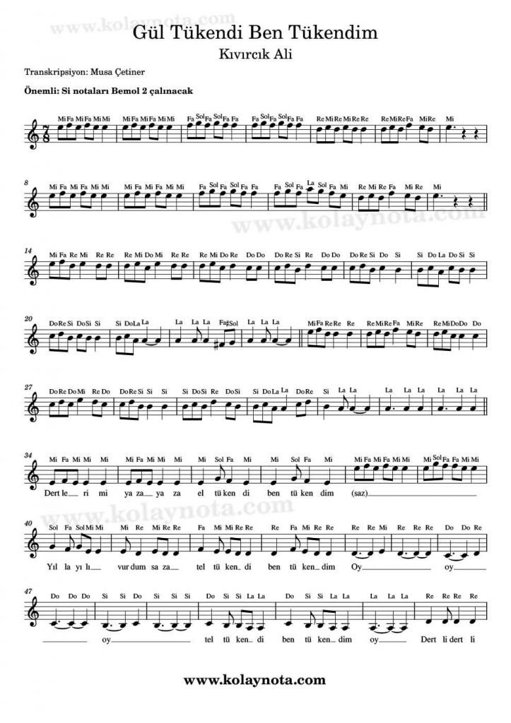 Gül Tükendi Ben Tükendim - Kolay Nota