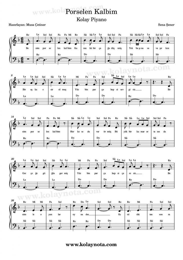 Porselen Kalbim - Piyano Notası