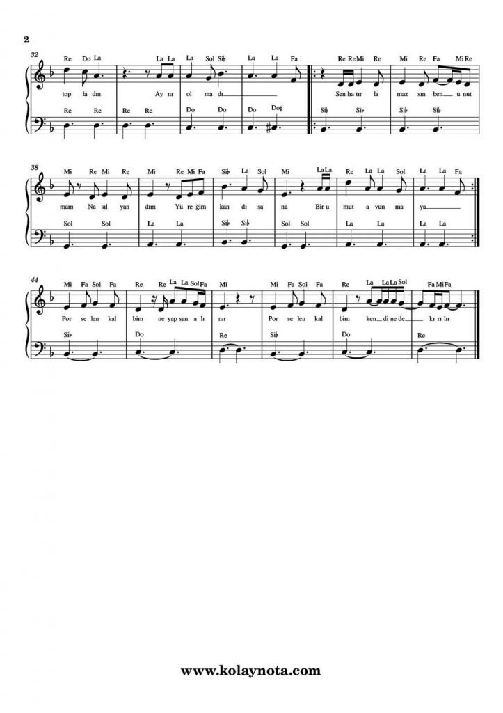 Porselen Kalbim - Piyano Notası - 2