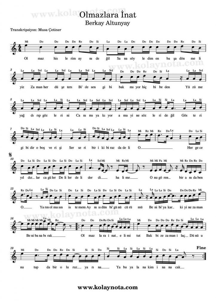 Olmazlara İnat - Nota