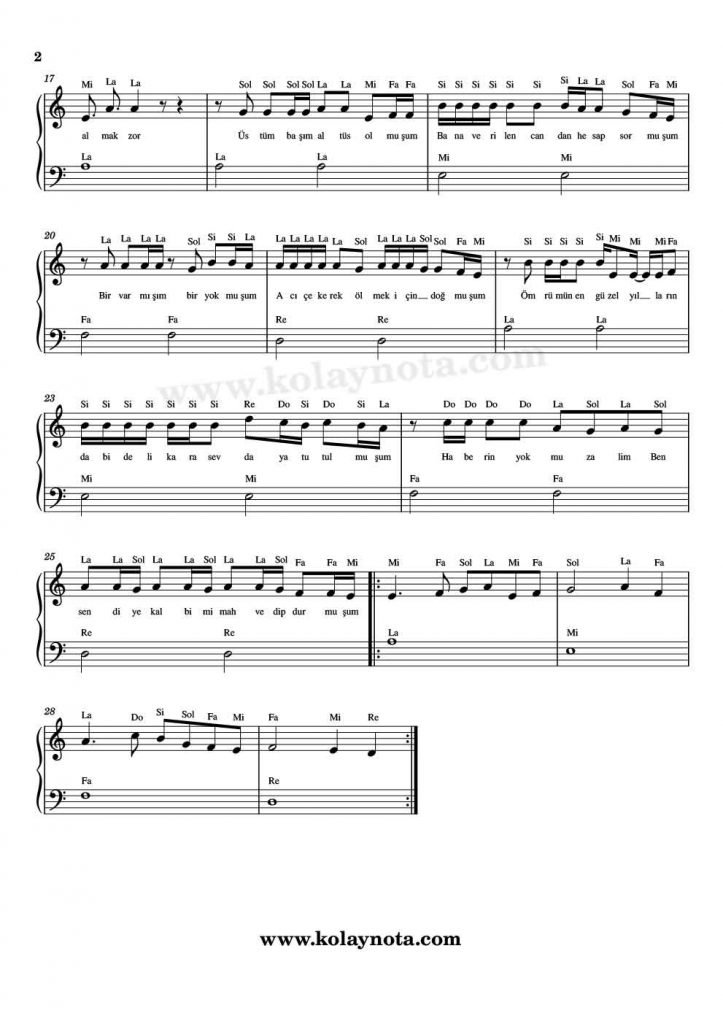 Altüst Olmuşum Piyano Notası - 2