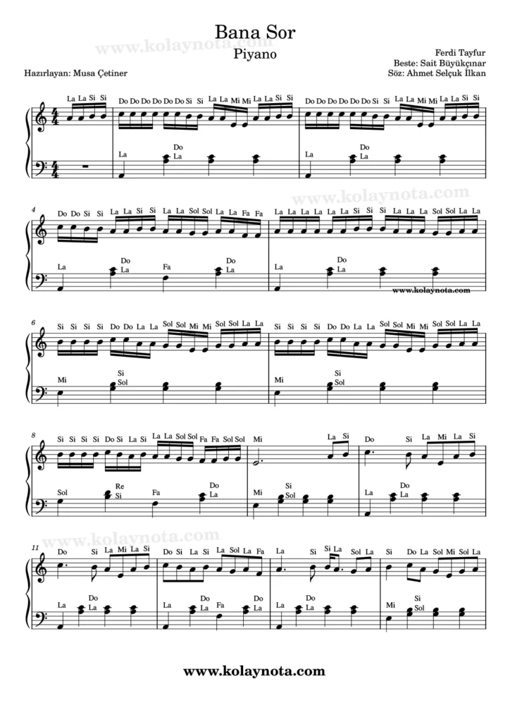 Bana Sor şarkısının piyano notası