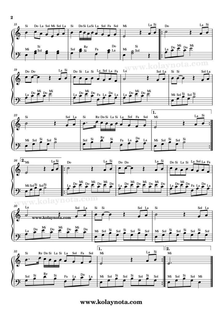 Bana Sor şarkısının piyano notası - 2. Sayfa