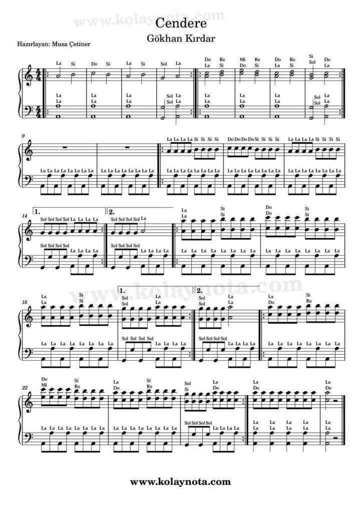 Cendere - Piyano Notası