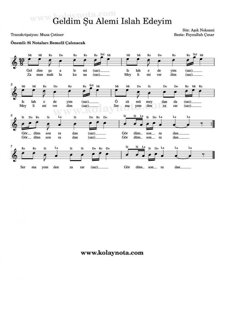 Geldim Şu Alemi Islah Edeyim Nota