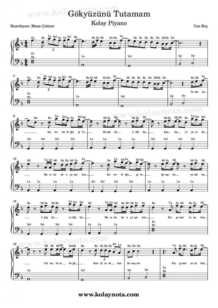 Gökyüzünü Tutamam - Kolay Piyano Notası