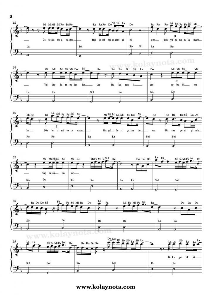 Gökyüzünü Tutamam - Kolay Piyano Notası - 2