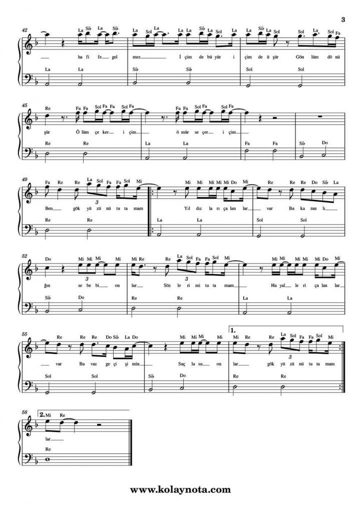 Gökyüzünü Tutamam - Kolay Piyano Notası - 3
