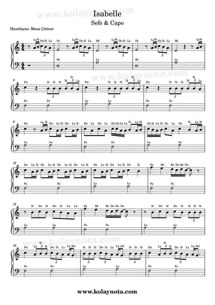 Isabelle - Kolay Piyano Notası