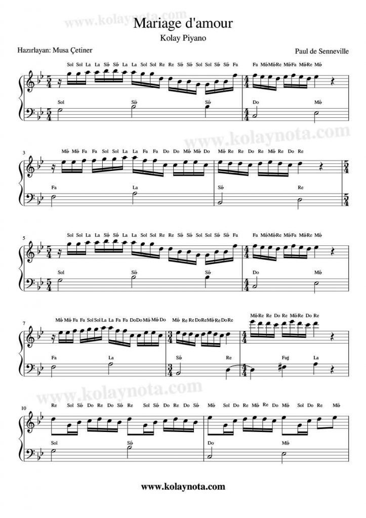 Mariage d'amour (Spring Waltz) - Kolay Piyano Notası