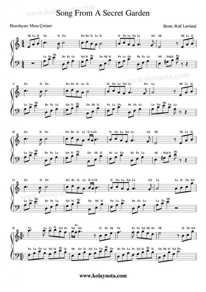 Song From A Secret Garden - Piyano Notası