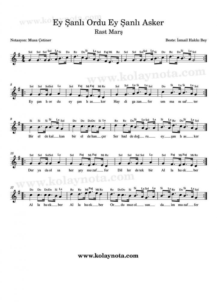 Ey Şanlı Ordu Nota