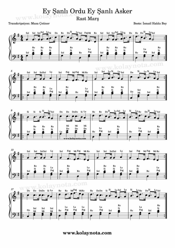 Eski Ordu Marşı Piyano notası