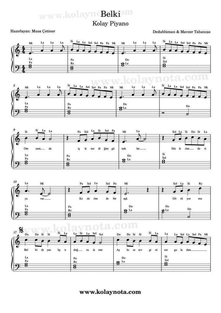 Belki - Piyano Notası