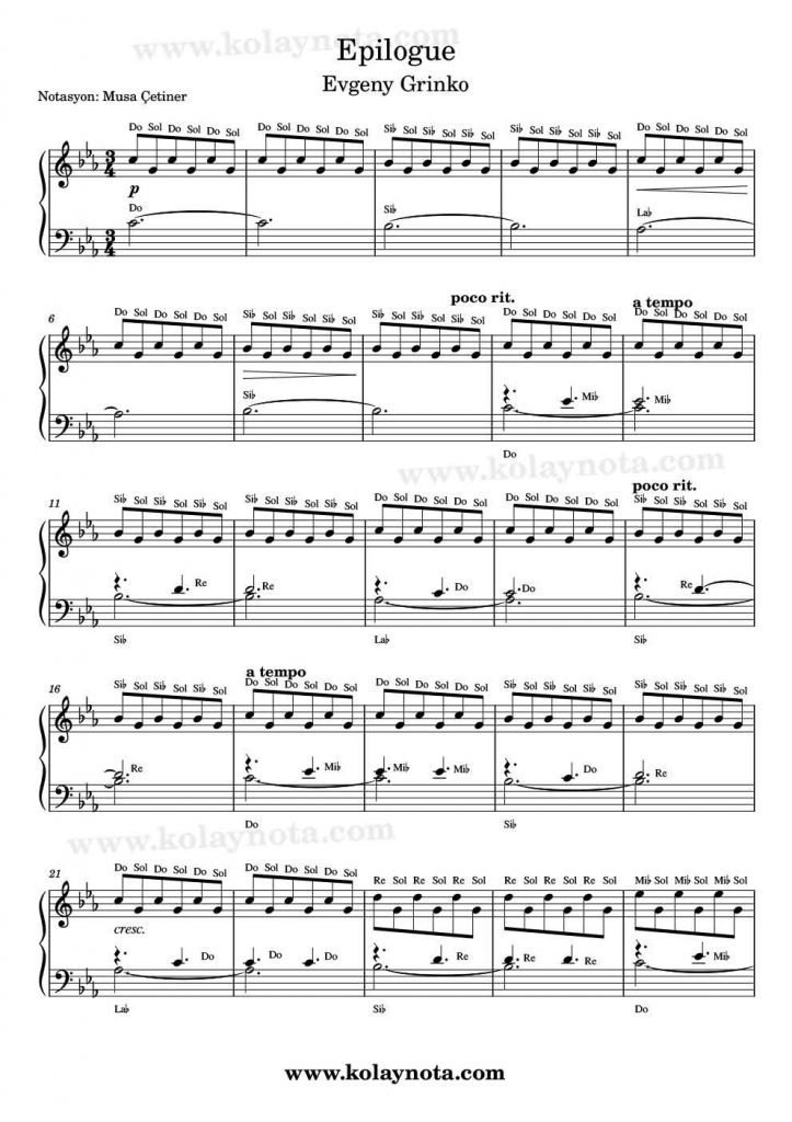 Epilogue - Piyano Notası