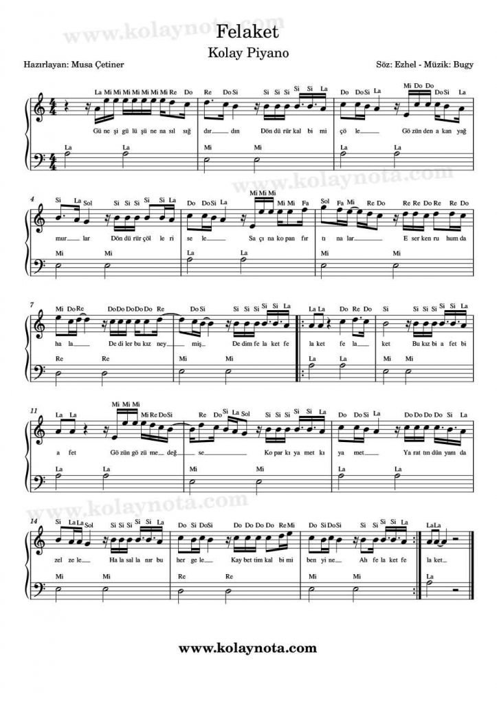 Felaket - Piyano Notası