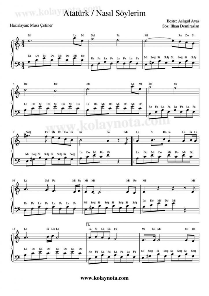 Nasıl Söylerim - Piyano Notası