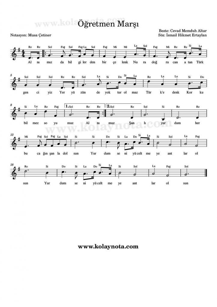 Öğretmen Marşı - Nota