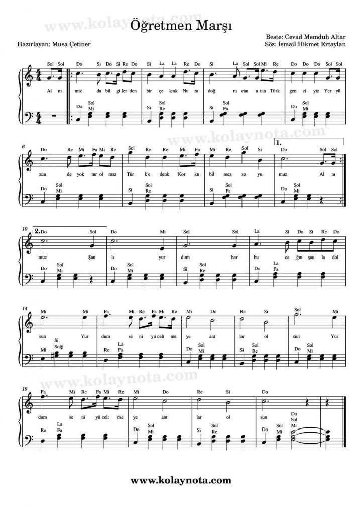 Öğretmen Marşı - Piyano Notası