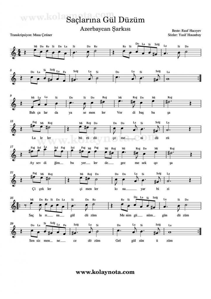 Saçlarına Gül Düzüm - Nota