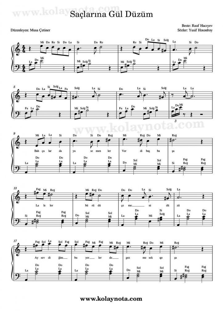 Saçlarına Gül Düzüm - Piyano Notası