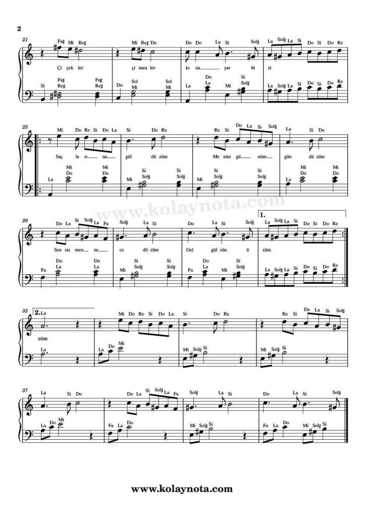 Saçlarına Gül Düzüm - Piyano Notası - 2