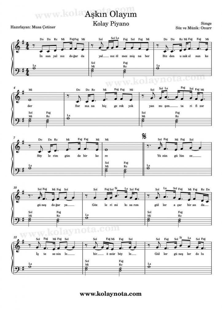 Aşkın Olayım - Piyano Notası