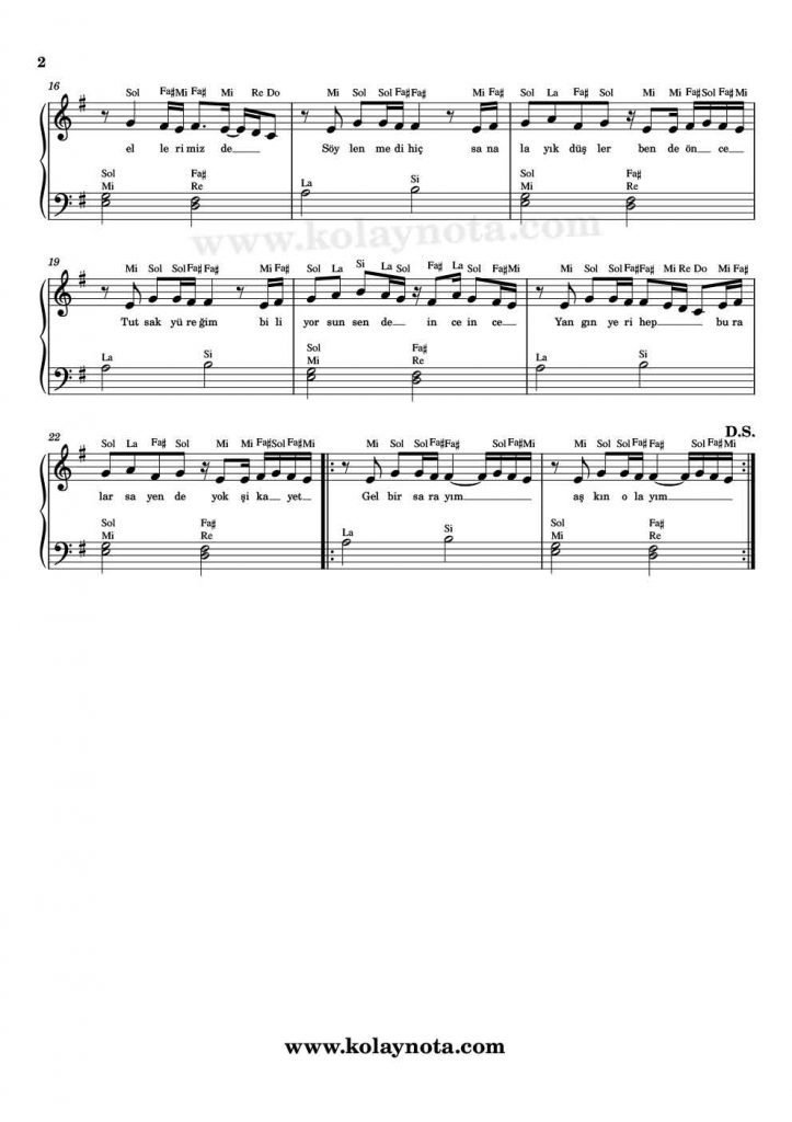 Aşkın Olayım - Piyano Notası - 2