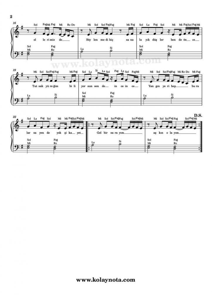 Aşkın Olayım - Piyano Notası - 2