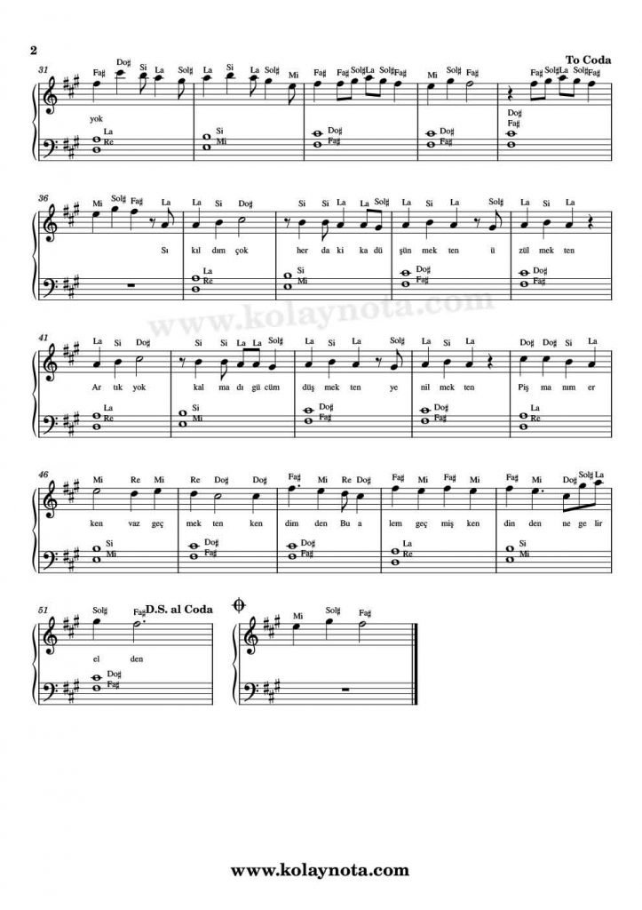 Dünyanın Sonuna Doğmuşum - Piyano Notası - 2