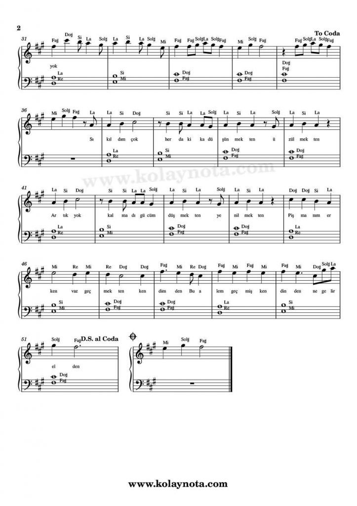 Dünyanın Sonuna Doğmuşum - Piyano Notası - 2