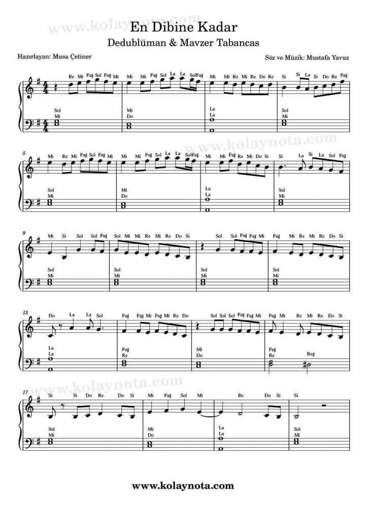En Dibine Kadar - Piyano Notası