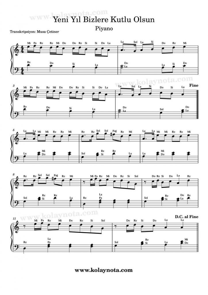 Yeni Yıl Bizlere Kutlu Olsun - Piyano Nota